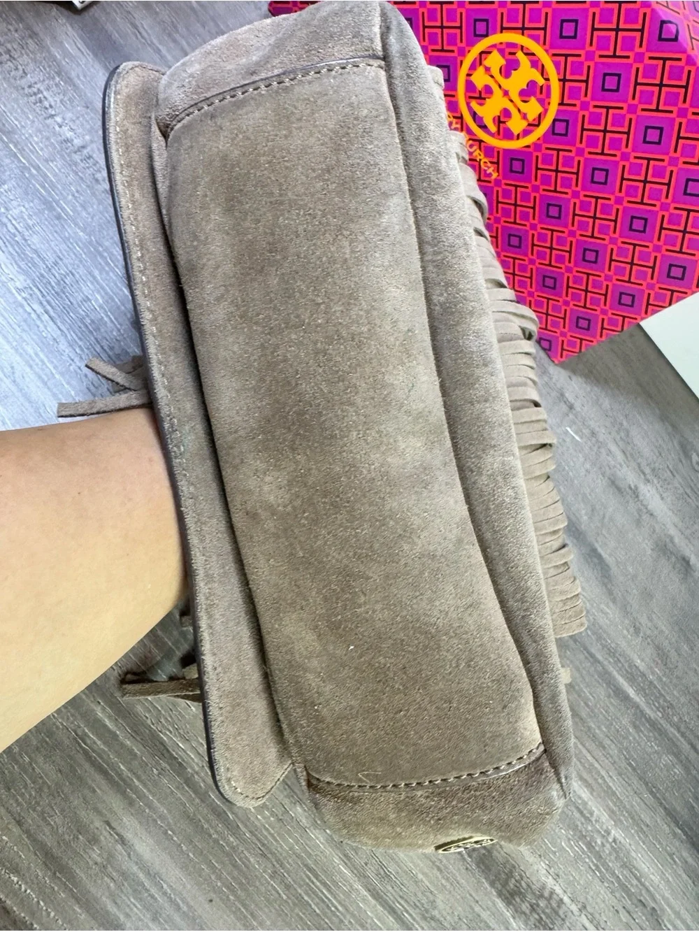 Tory Burch Tan Suede Fringe Shoulder Crossbody Bag with Antique Gold Chain